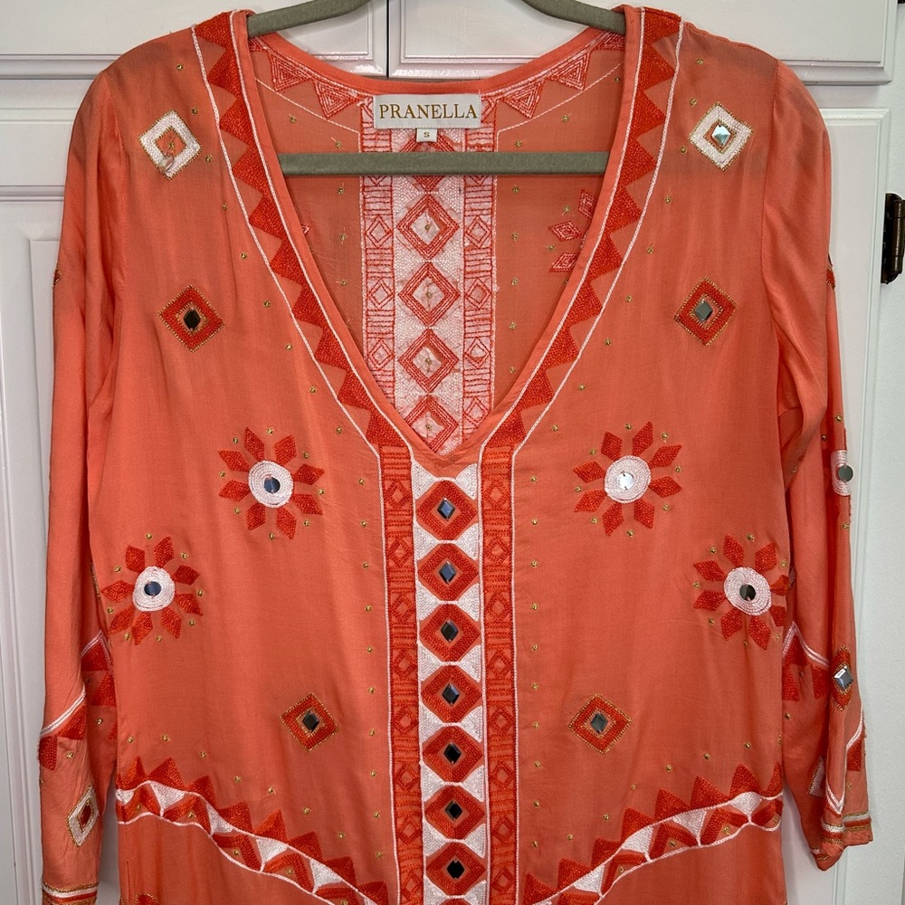 Pranella Coral Orange Swim Coverup Embroidered & Embellished Size Small